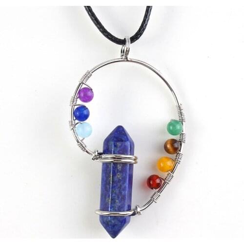 Trendy-beads Silver Plated Lapis Lazuli Hexagon Column Chakra Pendant Rope Chain Necklace Charm Jewelry
