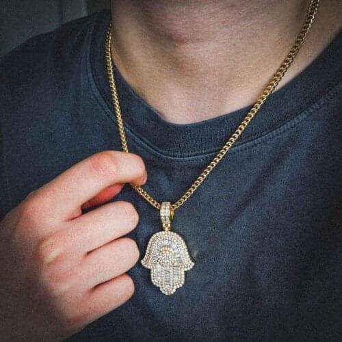 High quality men hip hop necklace jewelry with bling cz paved hamsa hand charm pendant with 5mm cz tennis chain long necklace