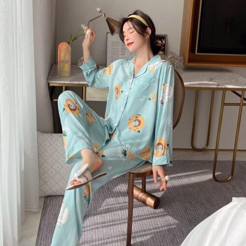 Spring/Autumn New Cotton Silk Women Nightgown Long Sleeve Thin Cardigan Two-piece Set Home Wear Fashion Print Ladies Pajamas Set