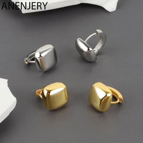 ANENJERY 925 Sterling Silver Geometric Square Hoop Earrings For Women Simple Personality Earrings Popular Ornaments