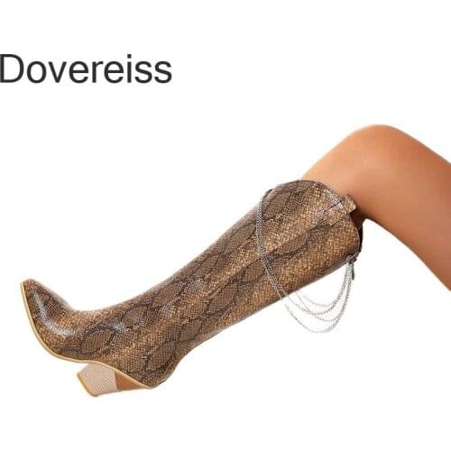 Winter For Woman New Fashion Pointed Toe Shoes Concise Classics Serpentine Metal Chain Knee High Boots Wedges 34-48