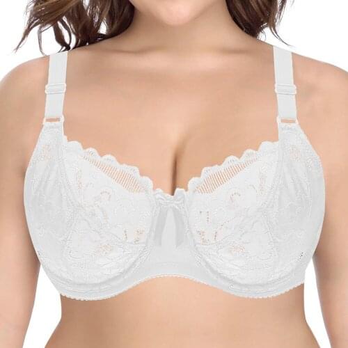 New YANDW mesh bras for women lace bralette embroidery underwire sexy lingerie floral 36DD 38DD 40DD 42DD 44DD 46DD White Hollow