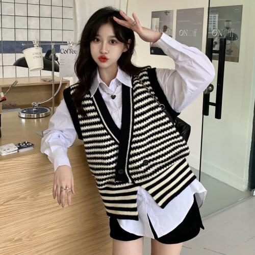 Fall Designed Single Button Chic Knitted Vest Woman V-neck Sleeveless Striped Waistcoat All Match Simple Autumn Sweater Tops