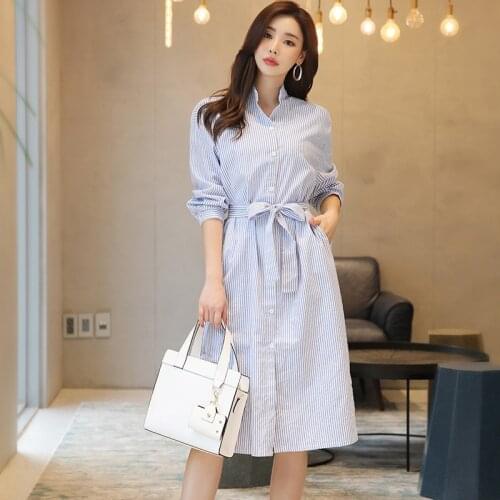 2021 Autumn European Style Cotton Striped Blouse Dress Women Turn-down Collar Dress Casual Female Blue Dresses Vestido Clothes