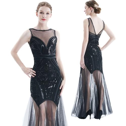 Women 1920s Great Gatsby 20s Flapper MAXI Dress Vintage V Neck Mesh wedding dress party prom CHARLESTON COSTUME