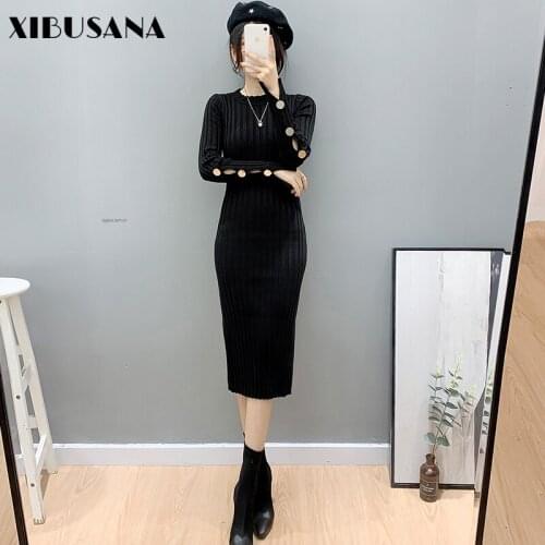 Retro Black Knitted Long Dress Autumn Long Sleeve O-neck Women Button Knitting Pencil Dresses Female Solid Split Mujer Vestidos