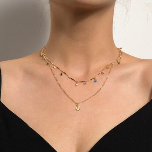 Fashion Vintage Colorful Beads Crystal Daisy Flower Pendant Necklace for Women Double Layers Clavicle Necklace Jewelry Gift