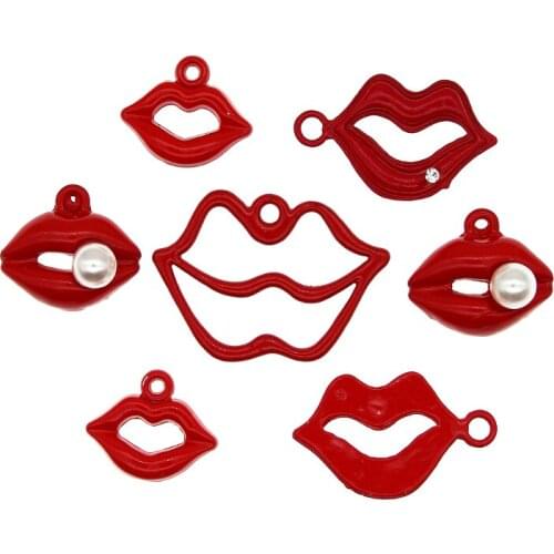 10pcs/lot Sexy Line Red Lips Lnlaid Rhinestone Pearls Enamel Charms For DIY Jewelry Accessories Floating Keychain Craft Findings