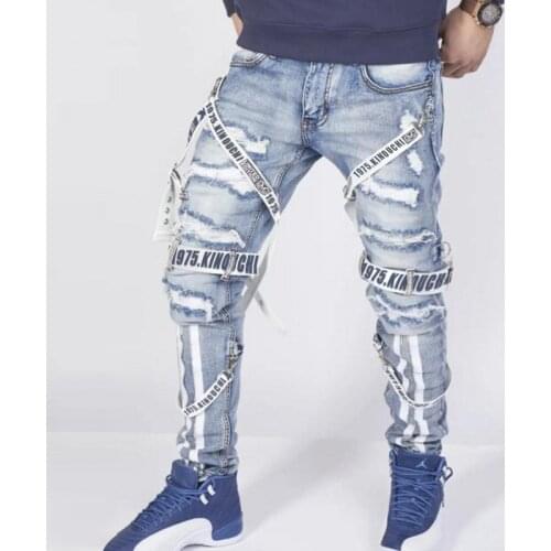 2021 Cross-border European and American mens fashion new red ribbon jeans hole small foot zipper slim mens fashion