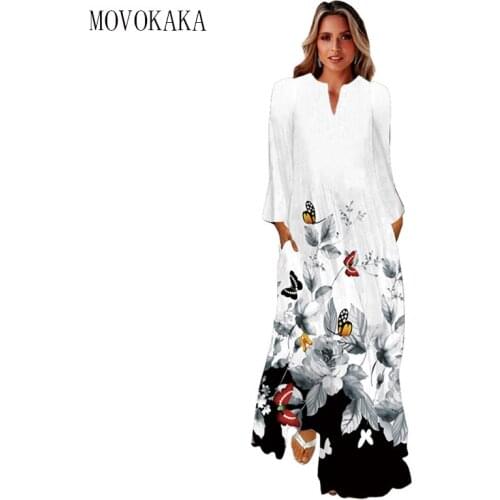 MOVOKAKA White 3D Flower Print Autumn Dress 2021 Long Sleeve Elegant Breathabl Dresses Woman Beach Casual Girls Long Dress Women