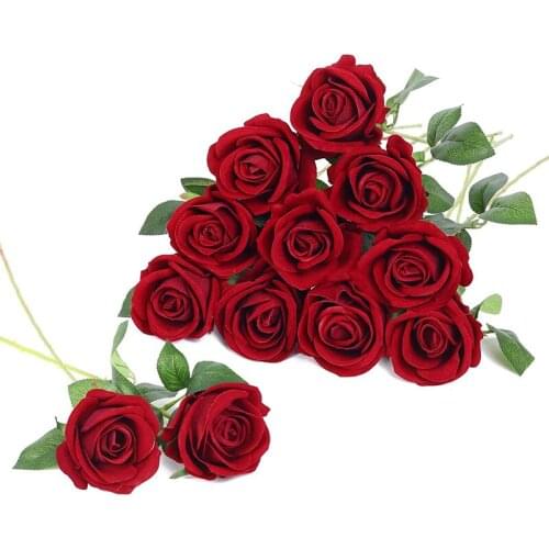 Artificial Rose Flowers Silk Velet Rose Flower Sigle Long Stem Real Touch Rose for DIY Wedding Bouquets Party Home Decor 12pcs