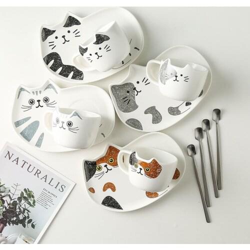 Japanese cat ceramic coffee cup and saucer cartoon cute coffee cup with tray set afternoon tea office water cup