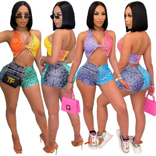 30M7419 Summer fashion sexy nightclub Street short womens multi color printing splicing suit two piece outfits for women