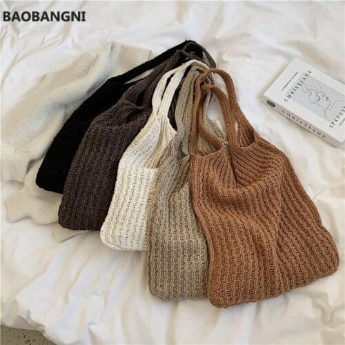 New Wool Knitted Shoulder Shopping Bag for Women Vintage Fashion Cotton Cloth Girls Tote Shopper Bag Large Female Handbag