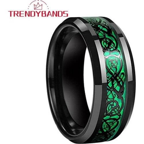 8MM Men Women Wedding Band Rings Tungsten Black Ring With Green Opal And Black Dragon Inlay Comfort Fit