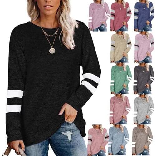 Autumn Sweatshirts Women Long Sleeve Round Neck Shirts Tunic Tops Stripe Shape Patchwork Casual Loose Simple Clothes