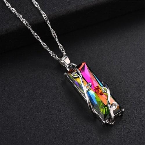 Rainbow Stone Tree Of Life Pendant Necklace For Women Men Long Chain Crystal Glass Leaves Square Necklaces Statement Jewelry