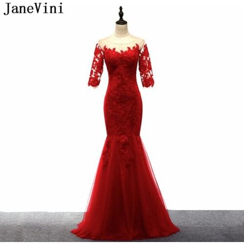 JaneVini Half Sleeve Mother of the Bride Dresses 2018 Red Lace Mermaid Wedding Party Dress Groom Mother Evening Gowns Wear Tulle