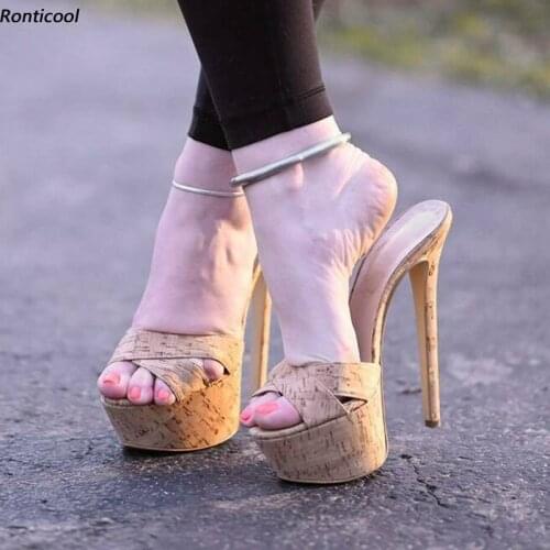 Ronticool Cork Pattern Slingback Women Platform Sandals Outside Thin High Heels Round Toe Brown Casual Shoes US Size 35 45 47 52