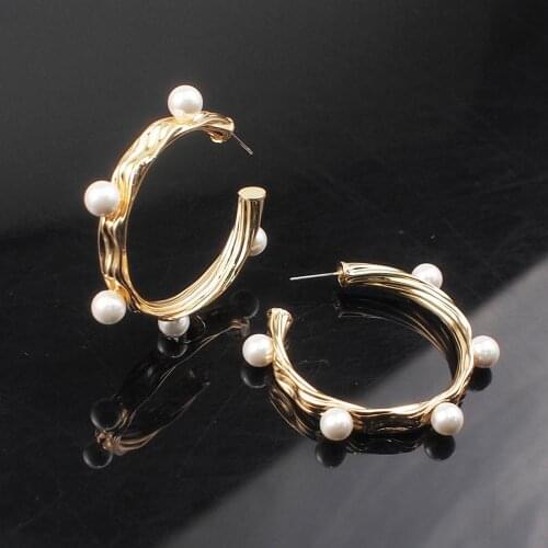 Imitation Pearl Hoop Earrings For Women 40mm Copper Statement Big Earrings Brass Fashion Jewelry 2020 Girl Gift UKMOC