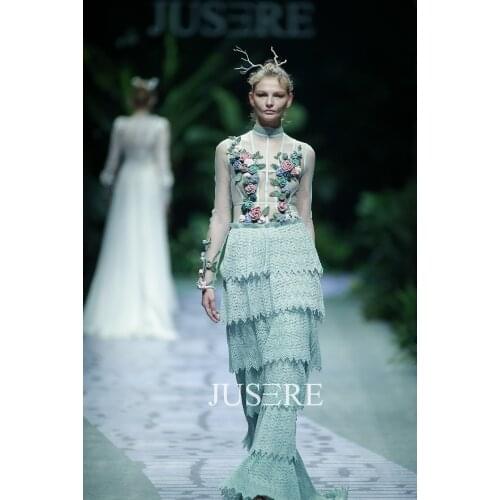 Fashion Show Top Elastic Fabric Sheath Illusion Back High Neckline Mustard Green Evening Dress 2019