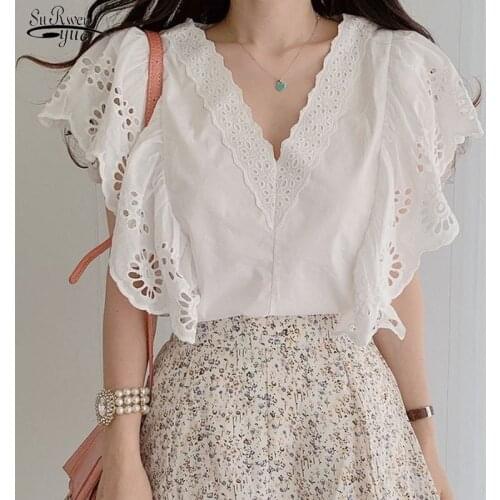 2021 Fashion White Blouse Korean New V-neck Sexy New Casual Shirt Summer Hollow Out Embroidery V-neck Shirt Woman Clothing 15177