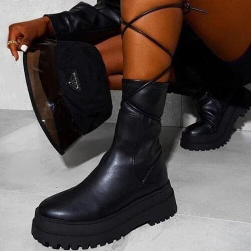 New Big Size 43 Shoelaces Wedge High Heels Platform Tide Trendy Cool Autumn Winter Mid-Calf Boots Shoes Women Footwear