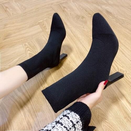 2021 New Autumn and Winter High Heel Womens Shoes Pointed Toe Stiletto Boots Black Stretch Thin Socks Boots Marti Boots Sexy
