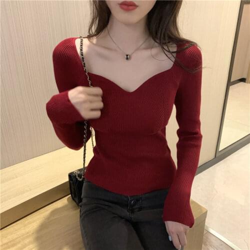 Women Thin Knitted Sweaters Sexy Square Collar Long Sleeve Jumper 2021 Autumn Winter Solid Elastic Bodycon Pullover Tops Female