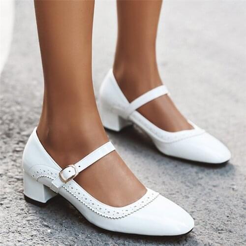 AGODOR black white mary jane shoes for women block heels pumps patent leather medium heel shoes woman big size 46 43 44 45