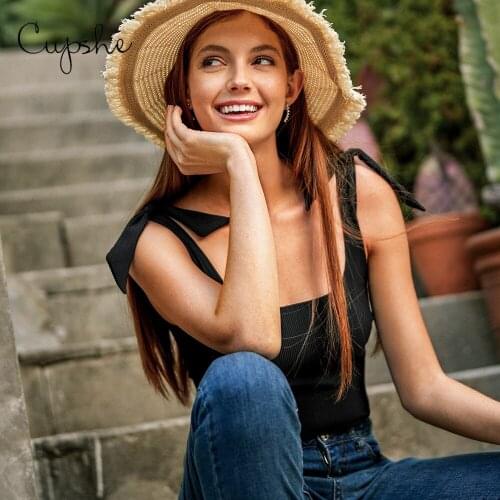 CUPSHE Ribbed Solid Black Bowknot Bodysuit For Woman Sexy Sleeveless Scoop Neck Open Back Bodysuit 2021 Summer Bodycon Bodysuit