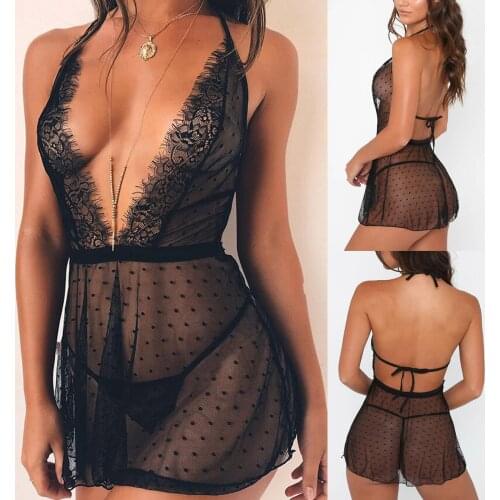 Womens Underwear New Sexy Lingerie Fashion Lace Lingerie Deep V Backless Polka Dot Perspective Nightdress Pajamas Underwear