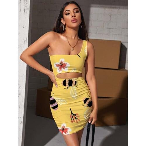 Giyu Brand Bee Dress Women Animal Halter Sleeveless Flower Bodycon Dress Painting Vestido Sexy Womens Clothing Plus Size Vintage