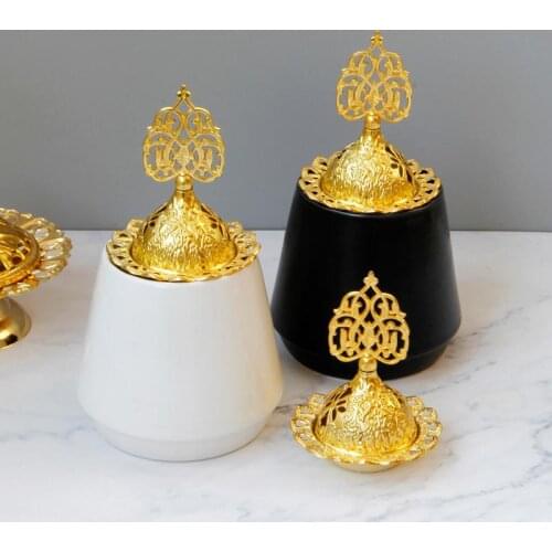 Golden Middle East Arabian Incense Holder With Zinc Alloy Cover Black White Ceramic Metal Incense Burner Desktop Ornaments
