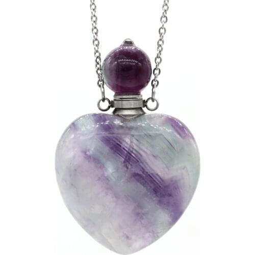 100-Unique 1 Pcs Stainless Steel Perfume Bottle Love Heart Pendant Natural Fluorite Stone Necklace for Valentines Day Gift