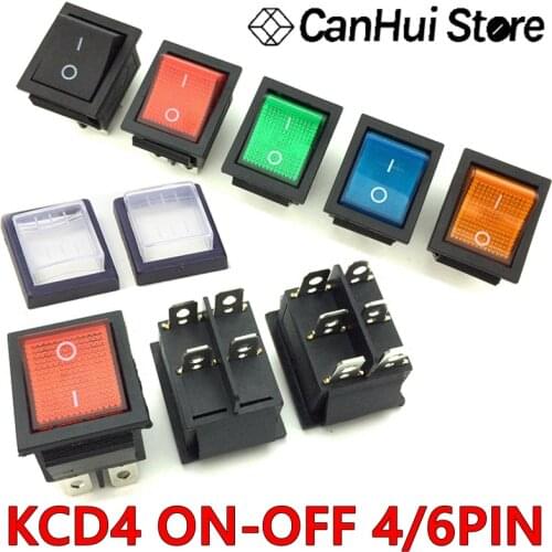 2PCS KCD4 Rocker Switch ON-OFF 2 Position 4/6Pin With Light Power Switch 31*25 16A 250VAC 20A 125VAC Black/Red/Blue/Yellow/Green