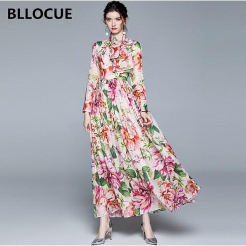 BLLOCUE Autumn NewLong Sleeve Holiday Style Large Swing Maxi Dress Womens Flower Print Sashes Pleated Chiffon Long Dresses