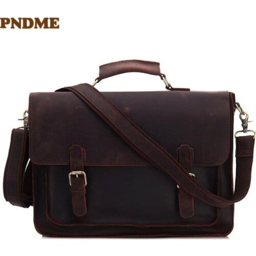 Business retro high quality genuine leather mens briefcase crazy horse cowhide handbag lawyer laptop shoulder messenger bags