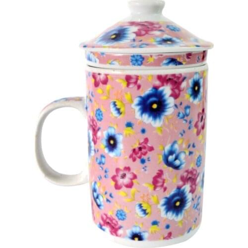 PORCELAIN TRADITONAL FLORAL DESIGN LIDDED TEA CUP W STRAINER INFUSER J2176