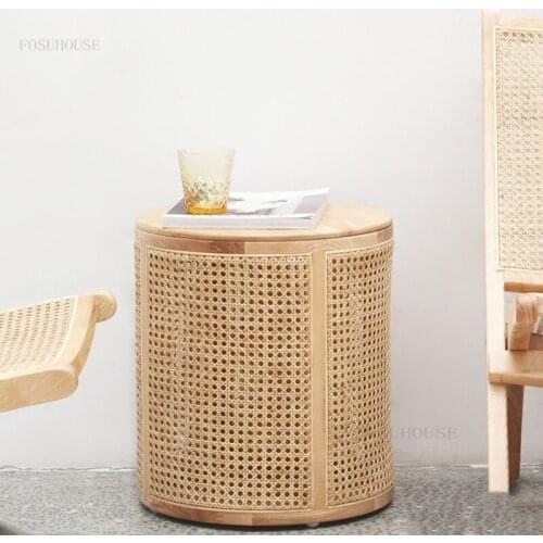 Rattan Small Apartment Round Side Table Nordic Solid Wood Living Room Sofa Coffee Tables Simple Balcony Leisure Storage Table