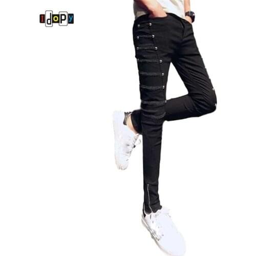 Idopy Fashion Slim Fit Pants Punk Style Black Patchwork Stretchy Zippers Dance Night Club Gothic Button Jeans Trouser For Men