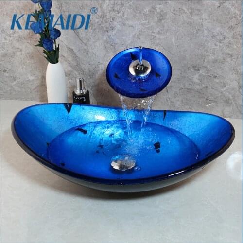 KEMAIDI Bathroom Wash Combo Kit Tempered Glass Basin + Waterfall Soild Brass Faucet Blue Sink Set with Pop Up Drain