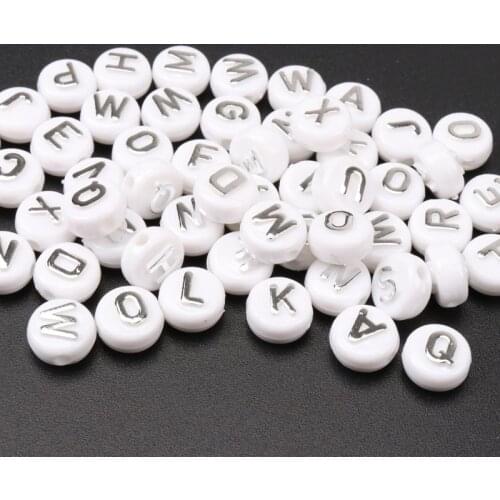 2019 New White Silver Round Alphabet Letter Acrylic Charming Flat Spacer Beads For Jewelry Making DIY 10x6mm 100pcs KL66