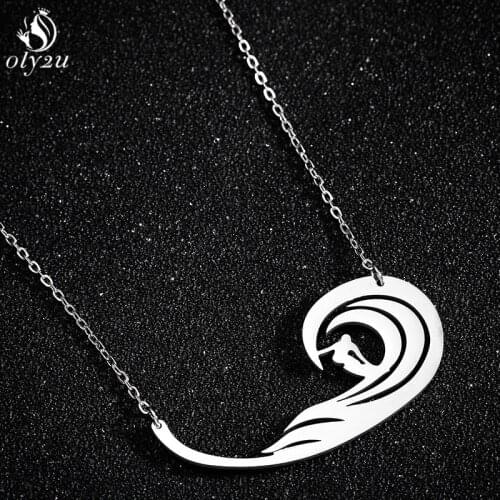 Oly2u Fashion Ocean Wave Pendant Necklace Women Stainless Steel Surfing Necklaces Men Summer Beach Surf Jewelry Sportsman Gifts
