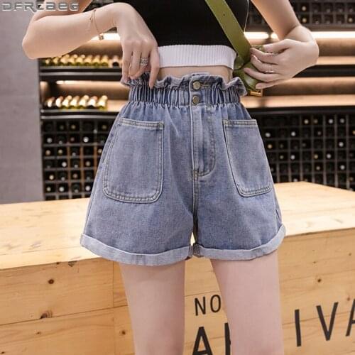 Casual Summer Short Jeans High Elastic Waist Denim Shorts Women Plus Size Short Feminino Pockets Crimping Jean Ladies Shorts