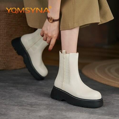 YQMSYNA Casual Women Chelsea Boots Exquisite Sewing Handmade Genuine Leather Boots Office Thick Bottom Round Toe Shoes AS316