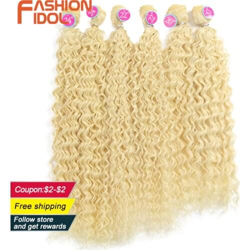 FASHION IDOL Afro Kinky Curly Hair Weave Bundles 613 Blonde Color Synthetic Hair Extensions Nature Color 6 PC 20 22 24 inch Hair