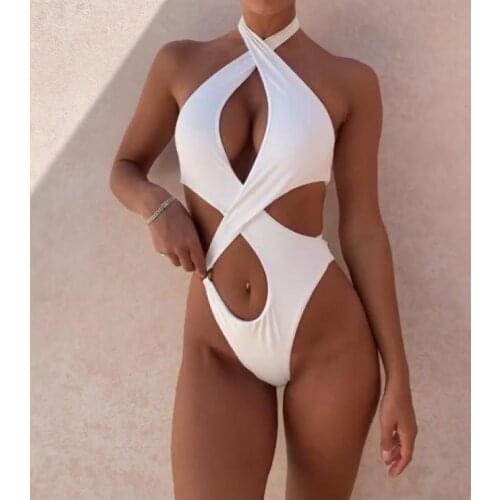 Sexy High Cut Leg One Piece Swimsuit Women Solid White Cut Out Push Up Backless Thong Swimwear High Neck Bathing Suit Monokini