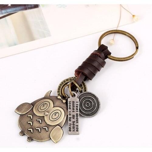 Tendy Cute Owl Initial Charms Hand-Weaving Cowhide Keychain Emo Punk Jewelry Chaveiro Gifts Key Ring Bag Ornament For Men Women