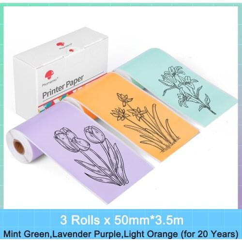 Purple/Green/Orange Thermal Paper-20-Year Sticky 50mmx3.5m for Journal Photo Texts Study Notes and More 3 Rolls/Box, Phomemo T02